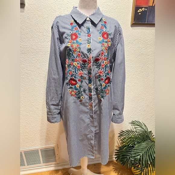 Chelsea & Theodore Embroidered Striped Shirt Tunic Dress Boho blue White Size L - Picture 1 of 11